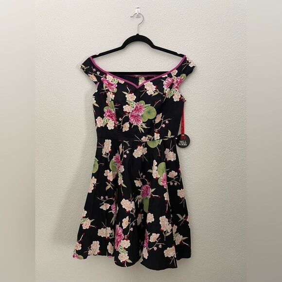 Hell Bunny Freya Japanese Cherry Blossom Floral Off The Shoulder Dress Small NEW - Picture 3 of 10
